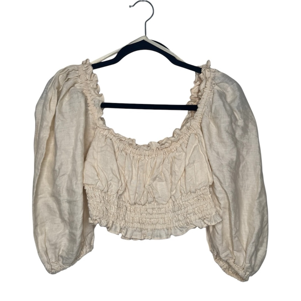 DISSH women 10 cream ruffle balloon sleeves crop linen top fairy whimsical boho